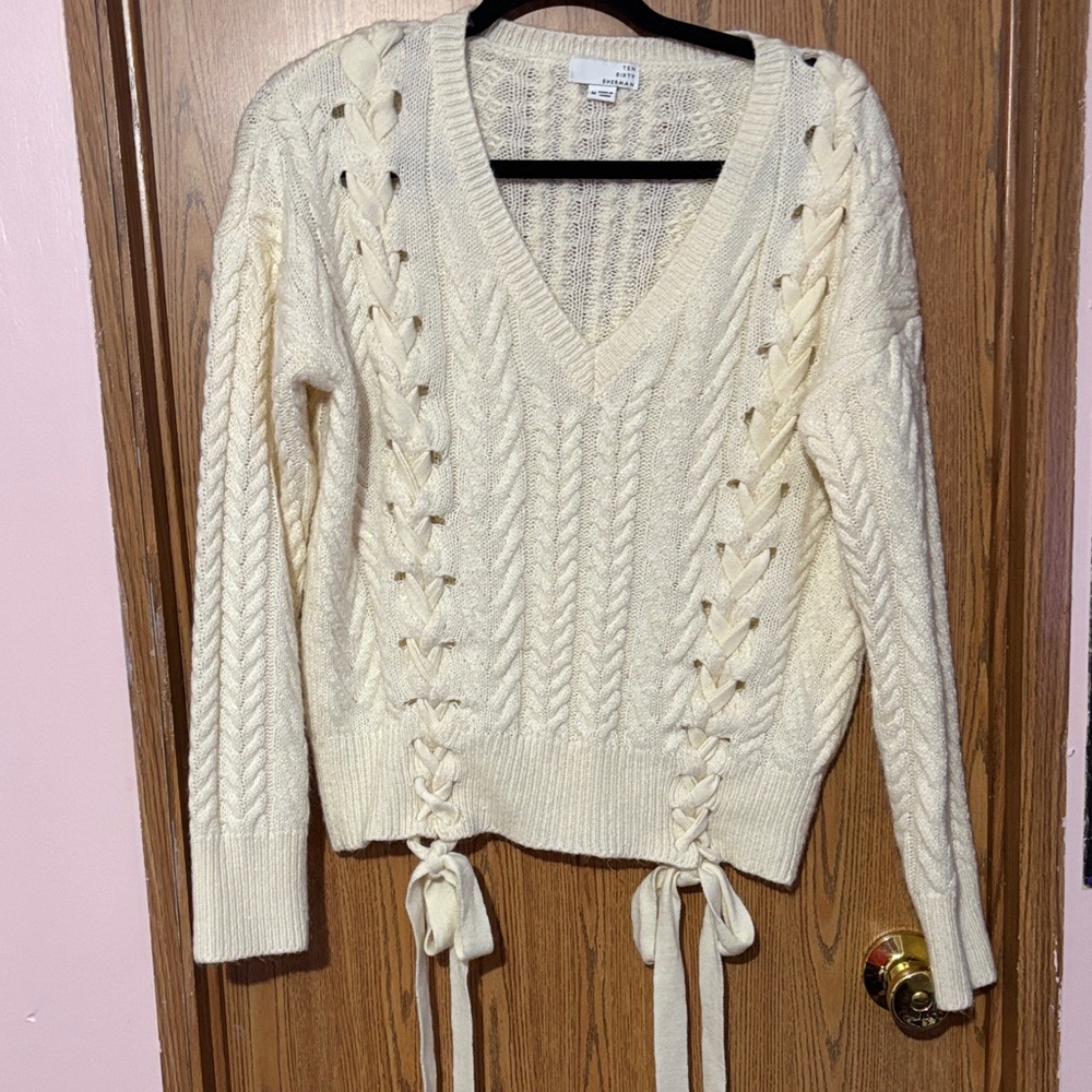 Ten Sixty Sherman Ivory V-Neck Sweater with Lace-Up Sides